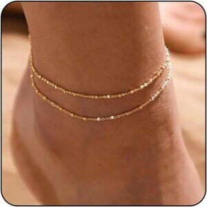 Gold Silver Anklet Set for Women Layered Waterproof Heart Beads Chain